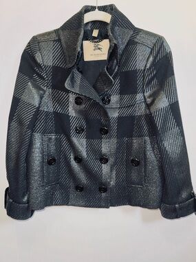 Burberry London Metallic Black & Gray Plaid Double-Breasted Jacket Blazer Coat